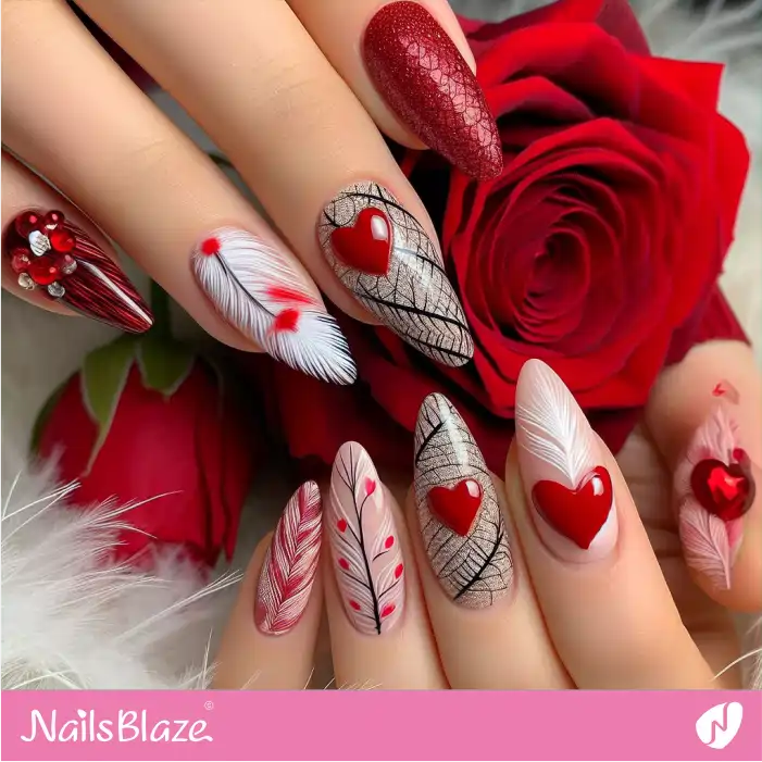 Hearts on Nails with Feather Design | Valentine Nails - NB2701